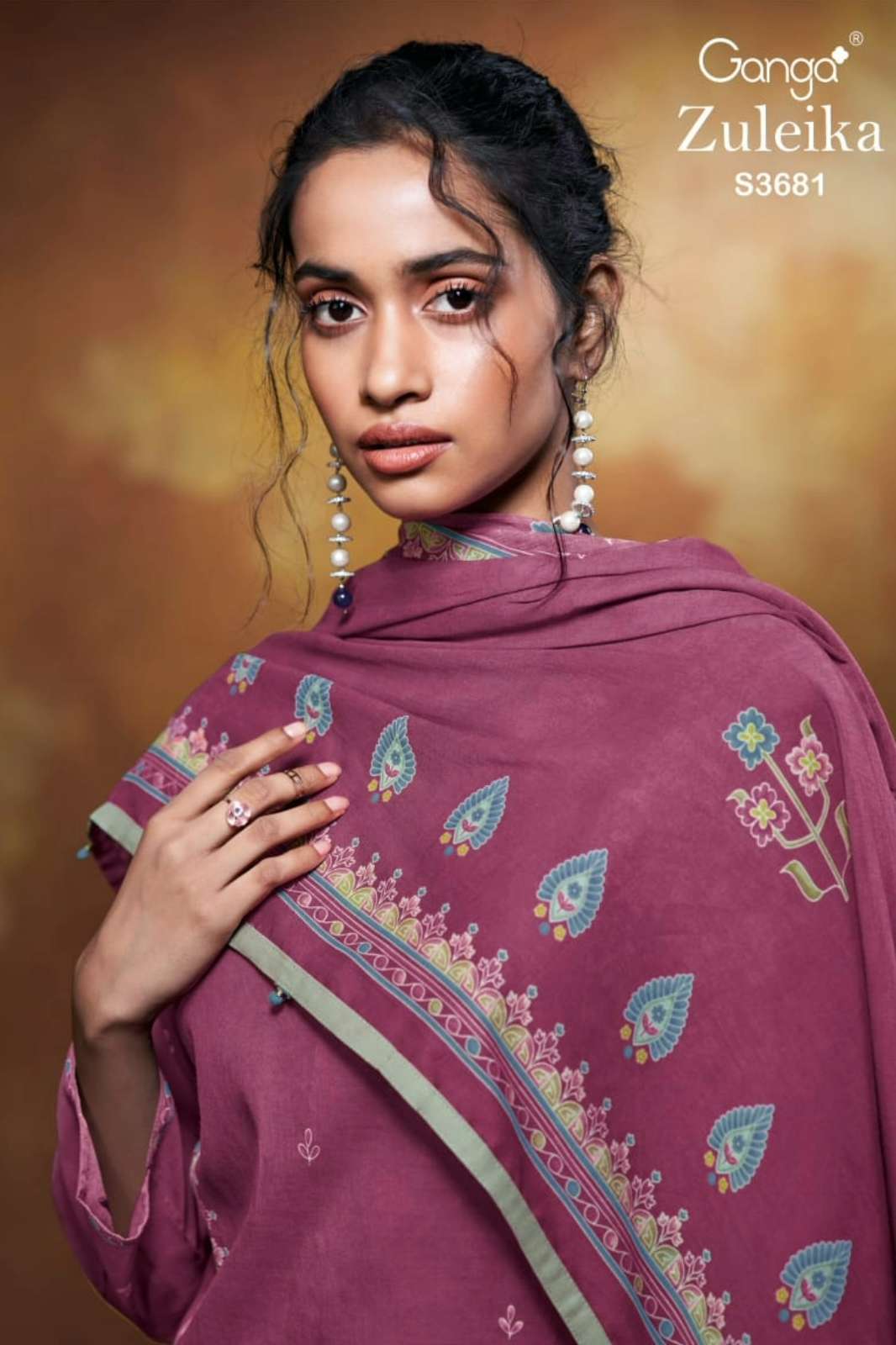 GANGA ZULEIKA S3681 PREMIUM PURE MUL PRINTED SUIT WITH HAND EMBROIDERY