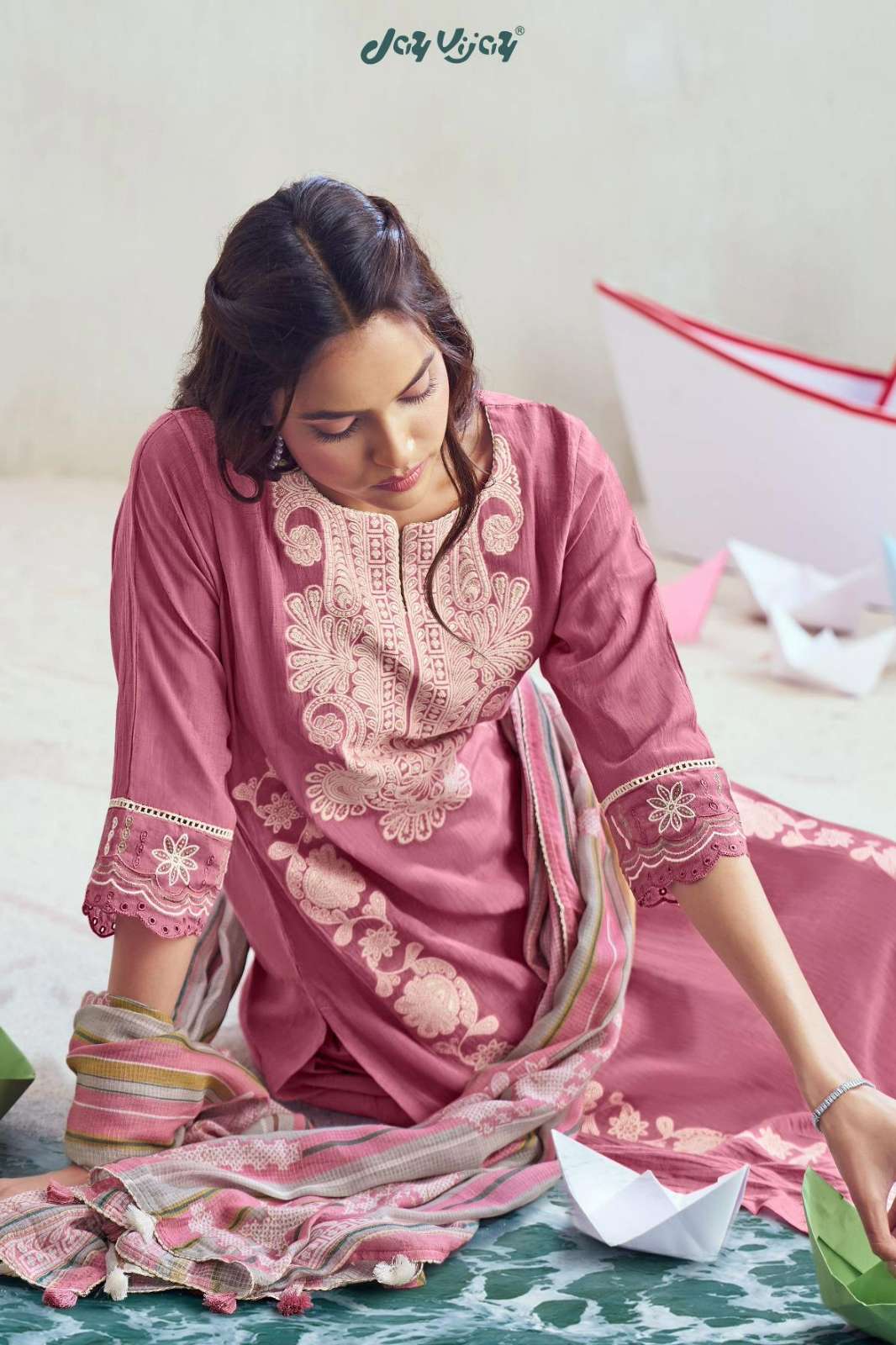 JAY VIJAY KAGAJ KI KASHTI PURE MAL JACQUARD SUIT WITH BORER EMBROIDERY