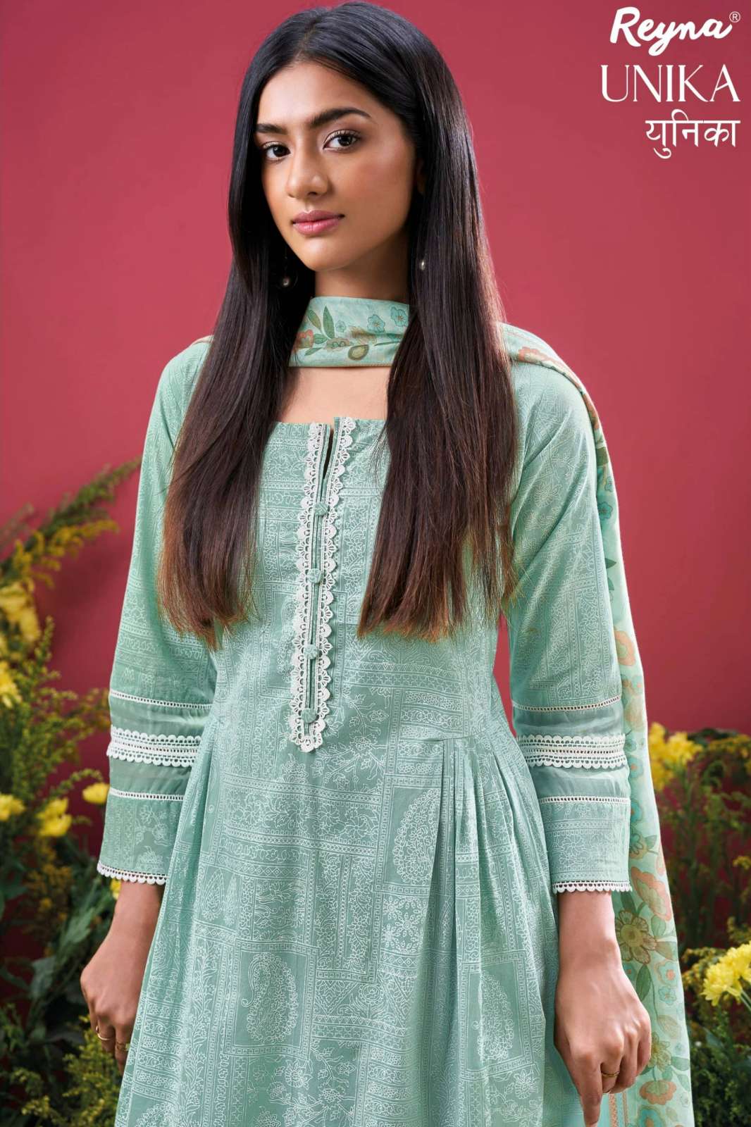 REYNA UNIKA SUPERIOR COTTON LAWN BLOCK PRINTED SUIT WITH EMBROIDERY 