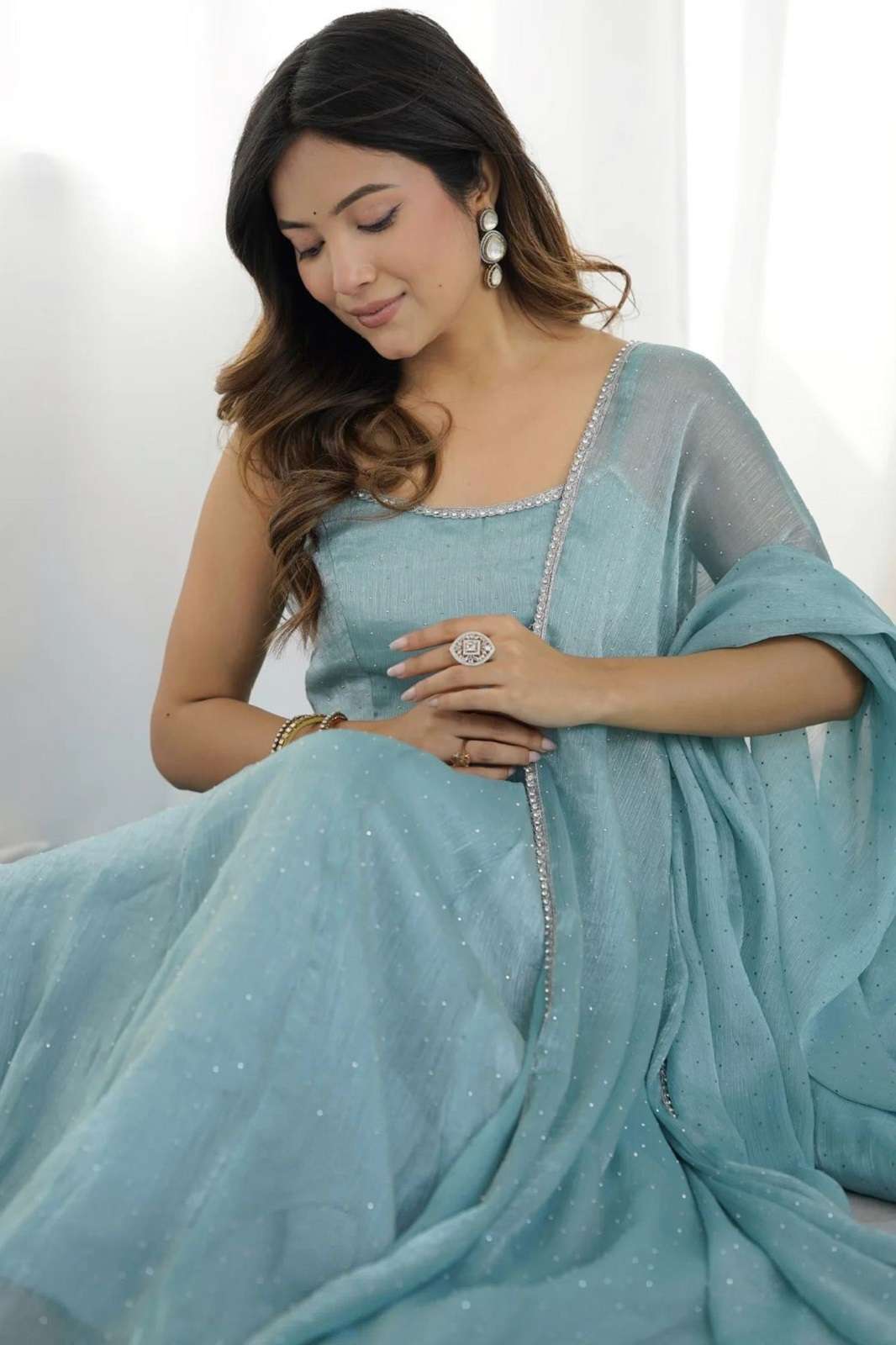 SHRI BALAJI 5883 CRUNCH SILK HOTFIXING READY TO WEAR KURTIES