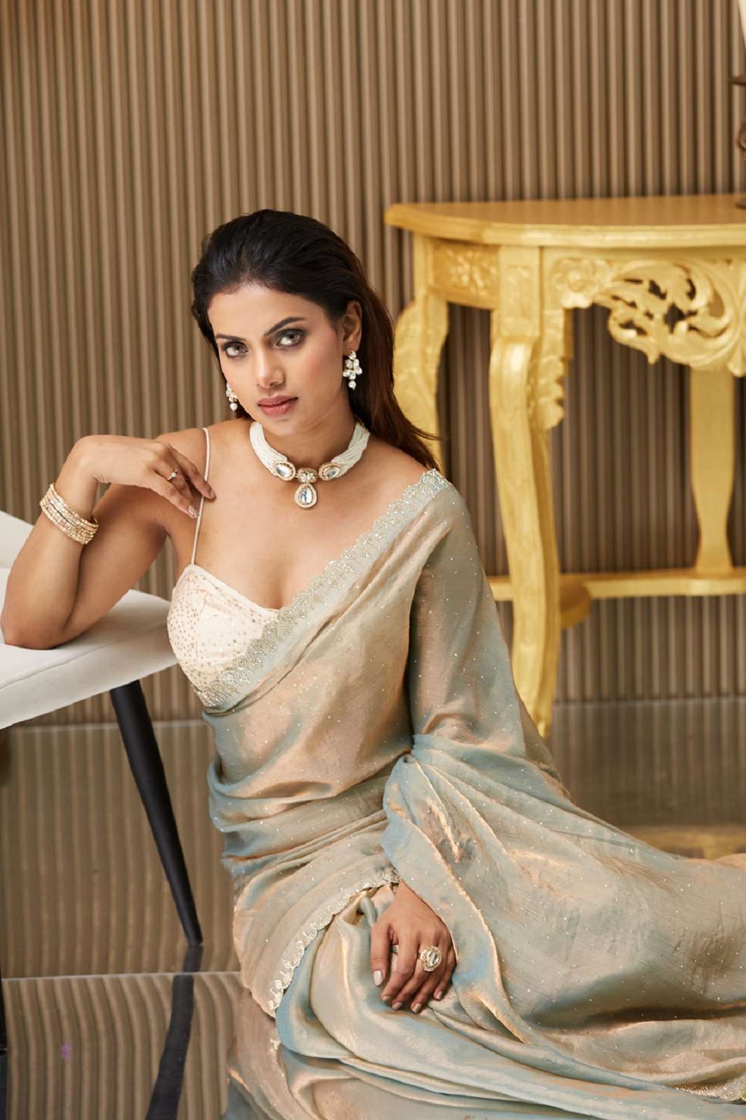 SHRI BALAJI DL032 CREAM STONES SATIN SAREES