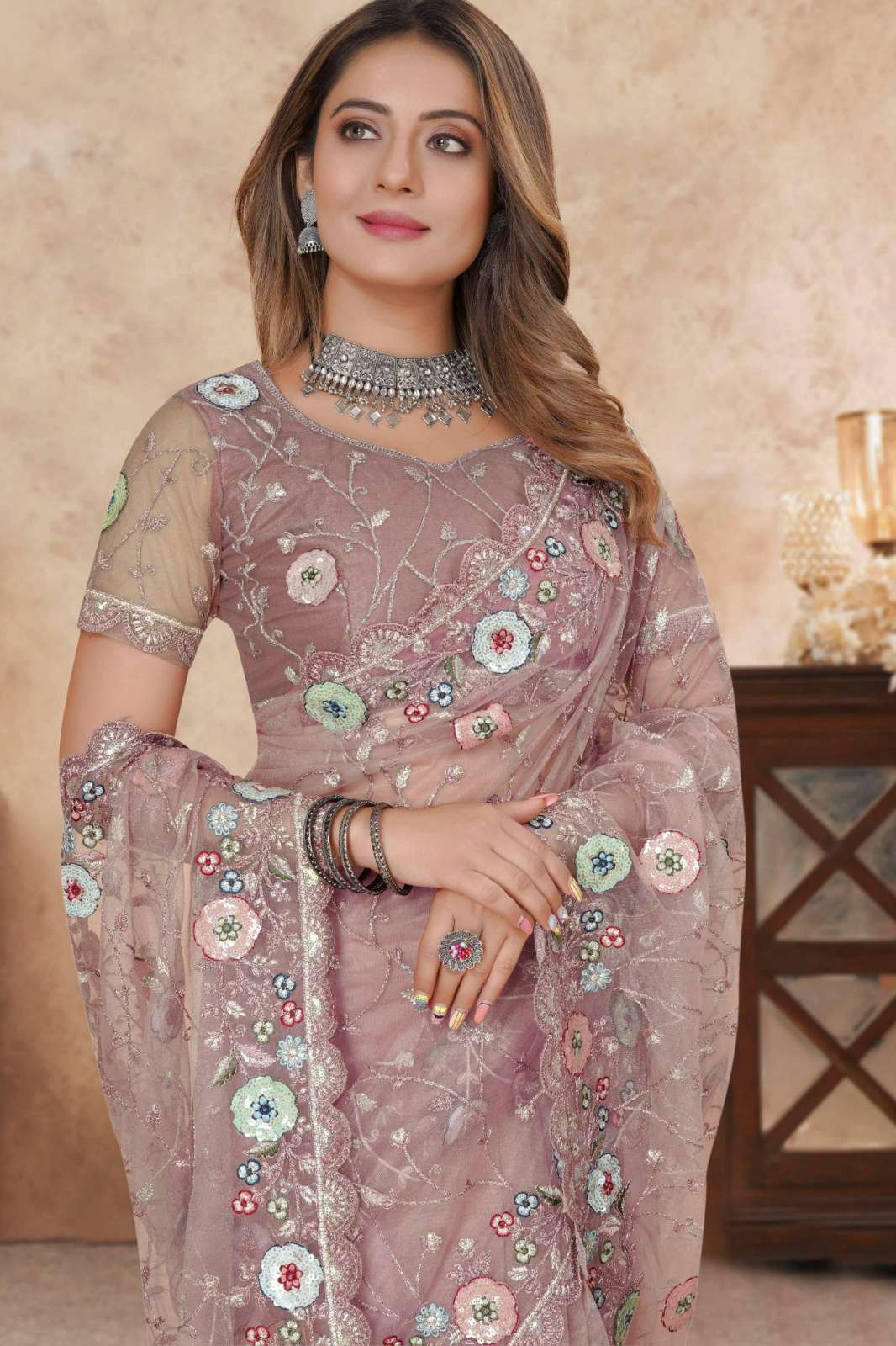 Shri Balaji Emporium CLAURA Wedding Wear Embroidered Net Saree 