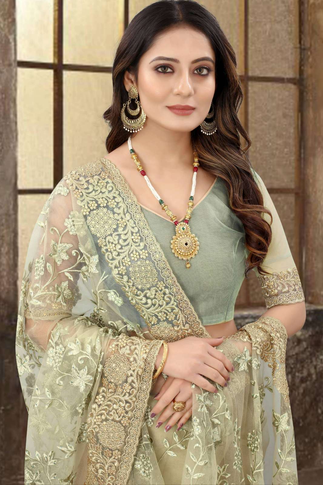 Shri Balaji Emporium CRUSMIKA Wedding Wear Embroidered Net Saree 