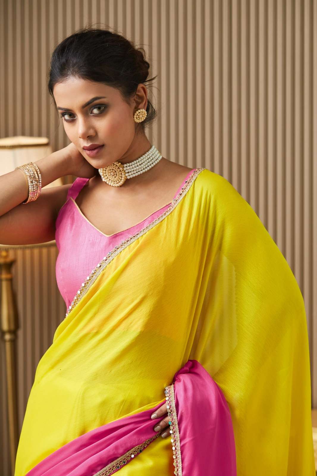 Shri Balaji Emporium DL004 Half N Half Color blocked Chiffon Saree