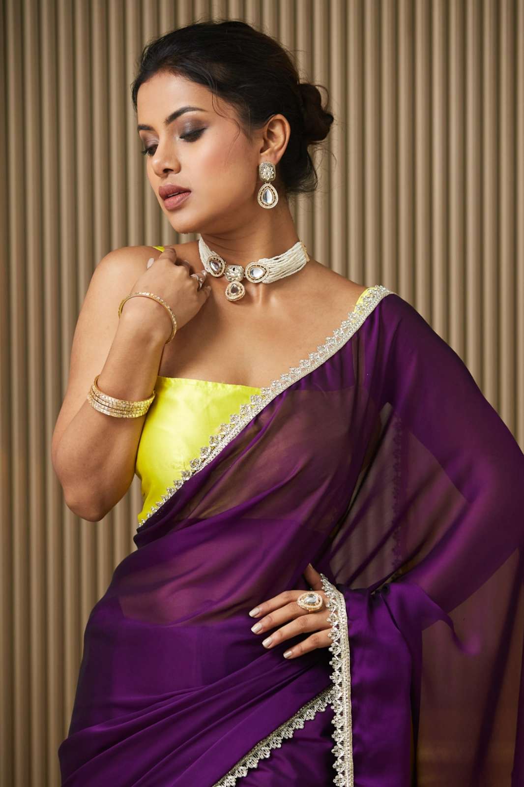 Shri Balaji Emporium DL006 Party Wear Color blocked Chiffon Saree