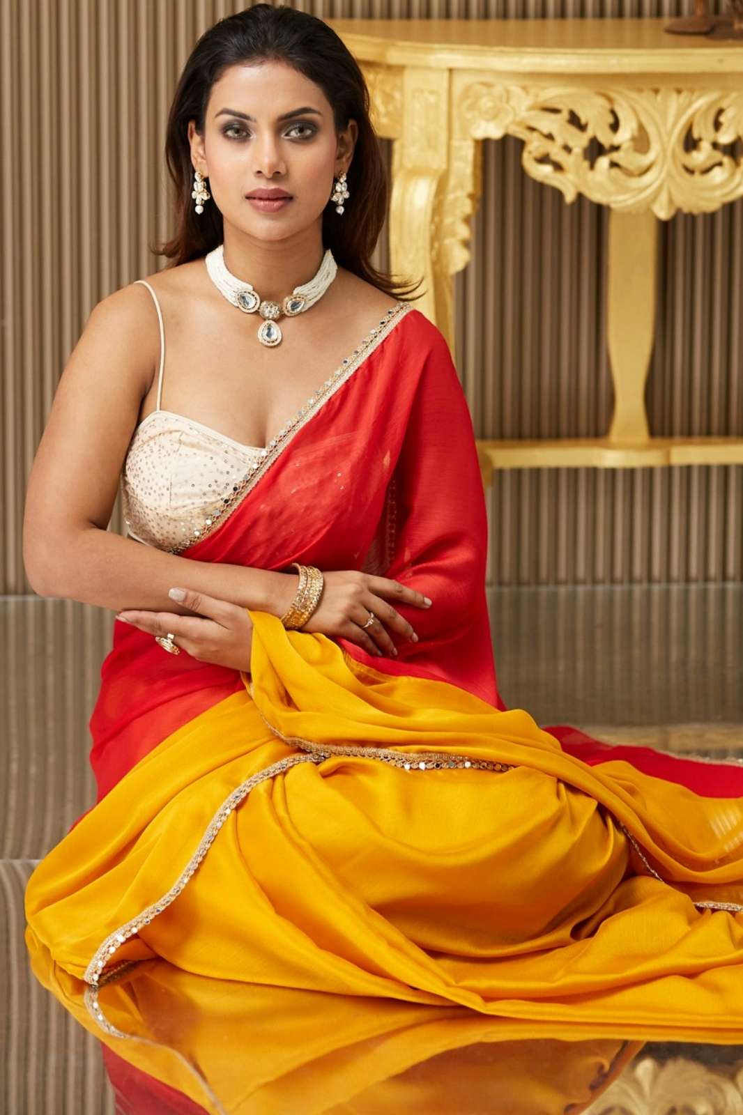 Shri Balaji Emporium DL038 Designer Color blocked Chiffon Saree