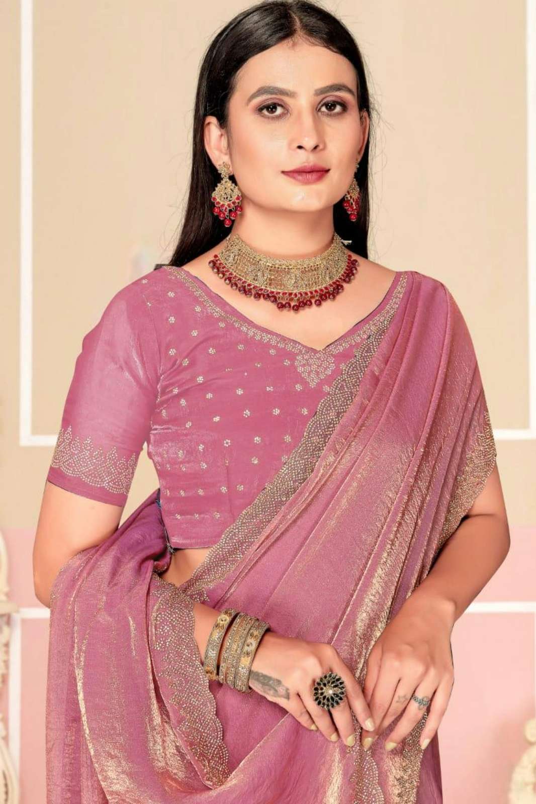 Shri Balaji Emporium GARIMA Party Wear Fendi Satin Silk Two Ton Zircon Work Saree 