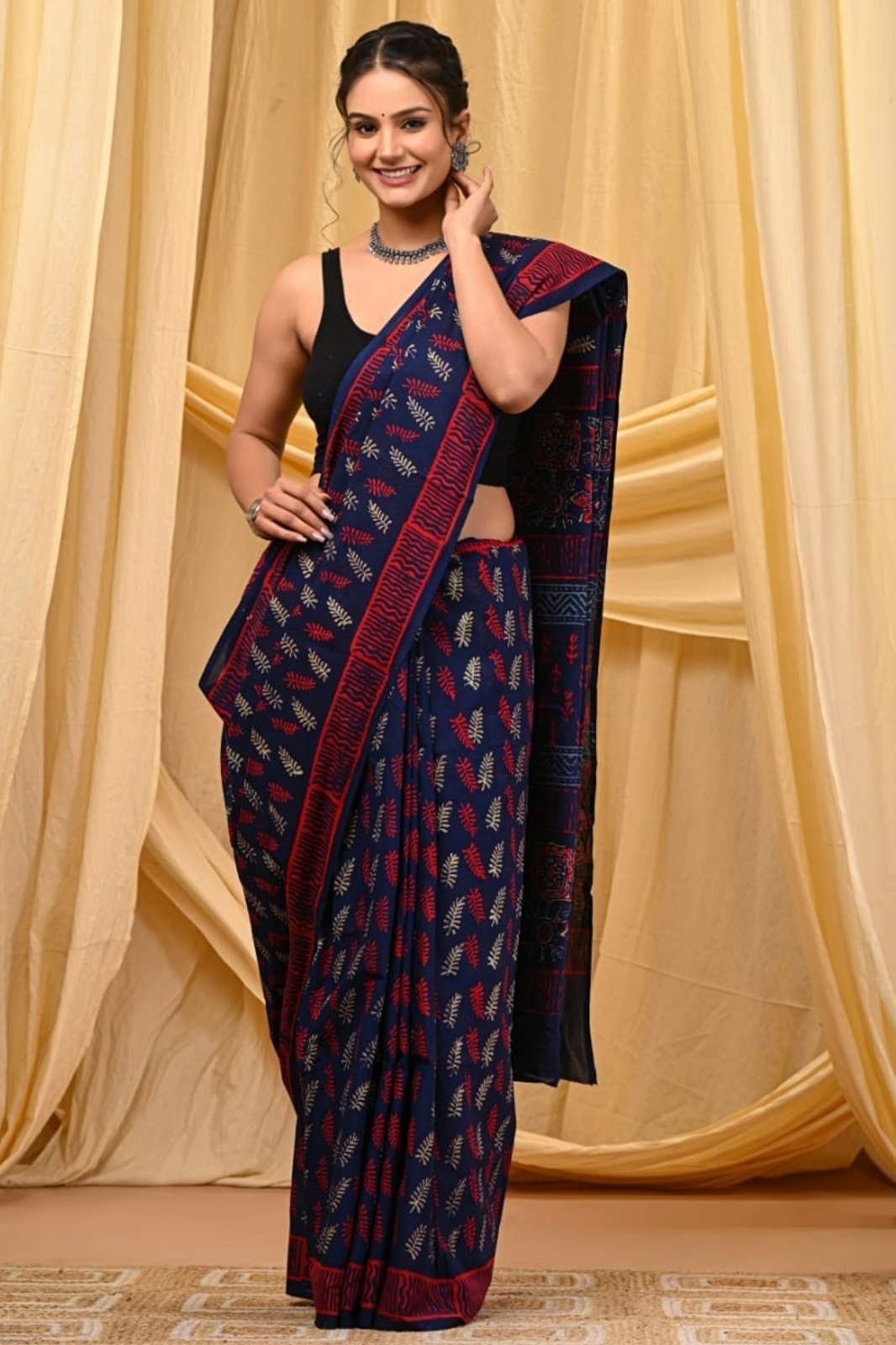 Shri Balaji Emporium RF 14027 Bagru hand block printed Pure cotton Mulmul saree