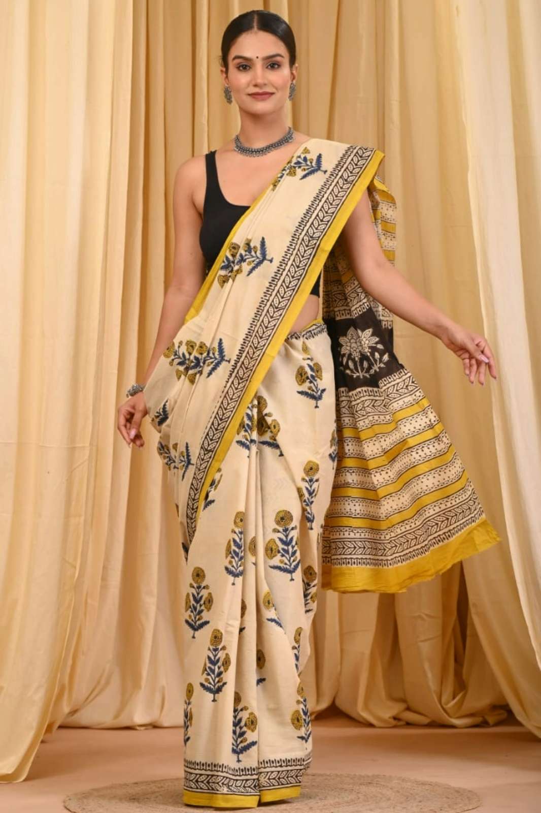 Shri Balaji Emporium RF 14027 Bagru hand block printed Pure cotton Mulmul saree