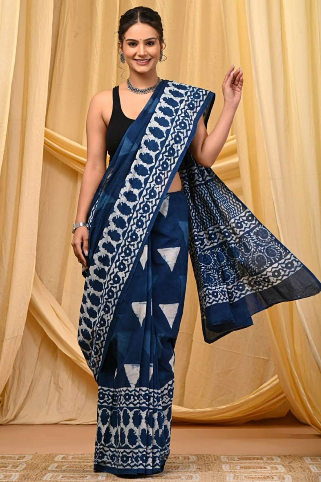 Shri Balaji Emporium RF 14027 Bagru hand block printed Pure cotton Mulmul saree