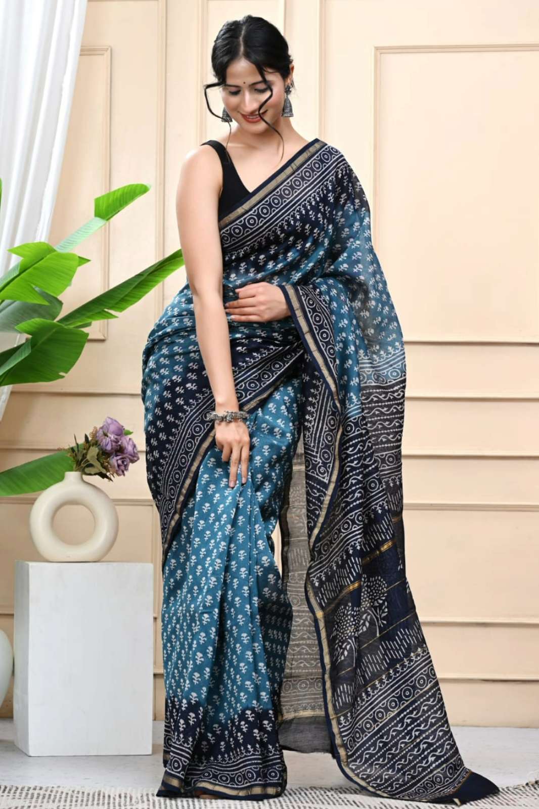 Shri Balaji Emporium RF 14105 Hand Block Printed Chanderi Silk Saree