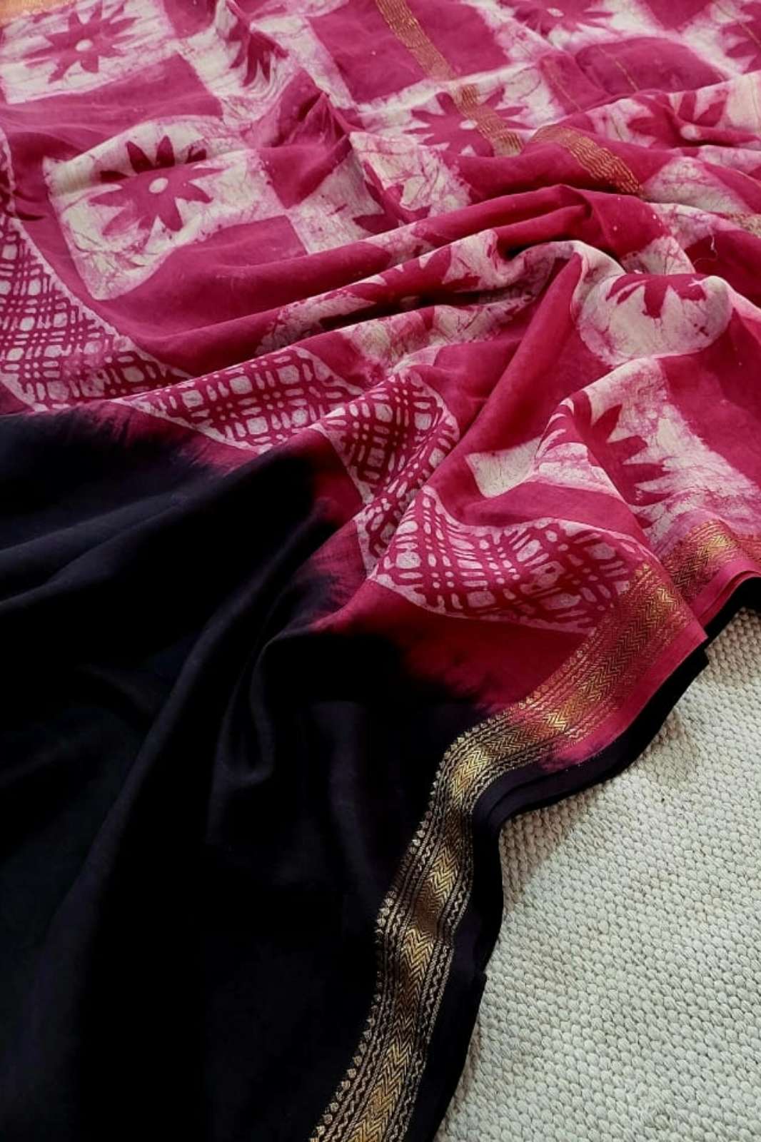 Shri Balaji Emporium RF13723 Hand Block Printed Maheshwari Silk Saree 