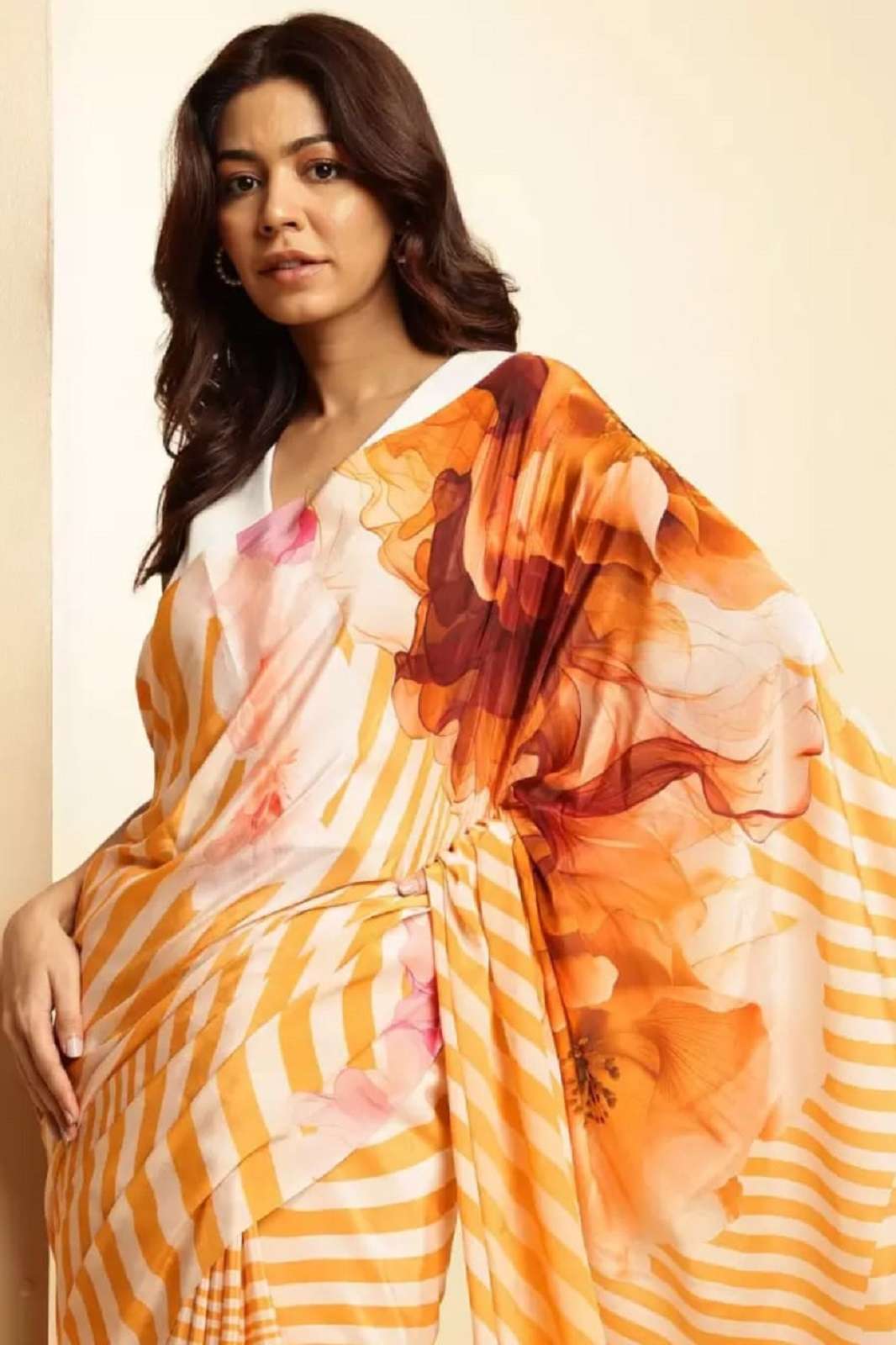 SHRI BALAJI ORANGE 7 BLACK JAPAN SATIN PRINTED SAREES