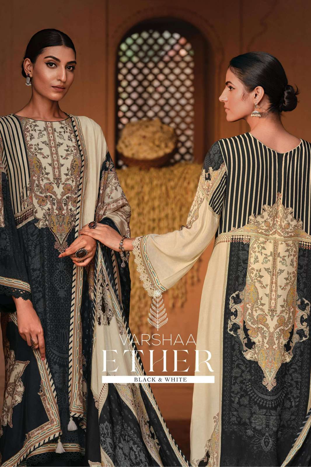 VARSHAA ETHER BLACK & WHITE VISOCSE MUSLIN DIGITALLY PRINTED SUIT WITH HANDWORK
