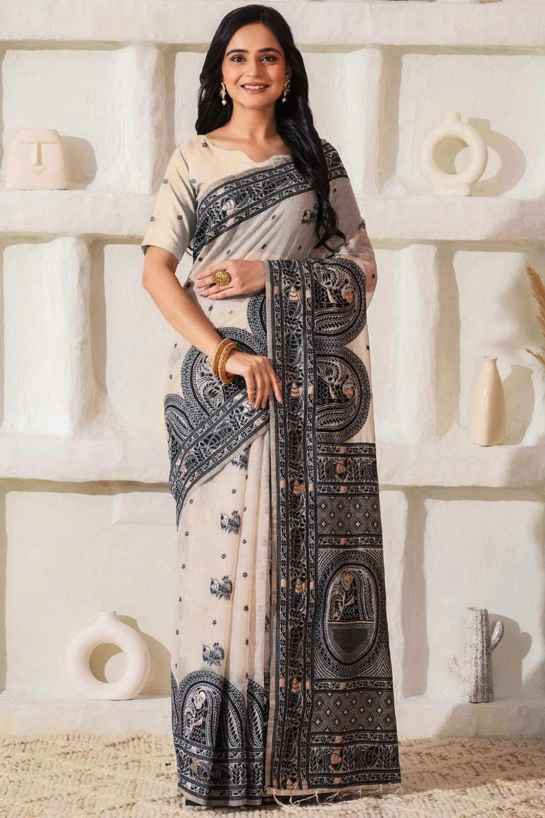 ASTITA CHARCOAL CHARM INDIAN WOMEN DESIGNER LINEN COTTON SAREE