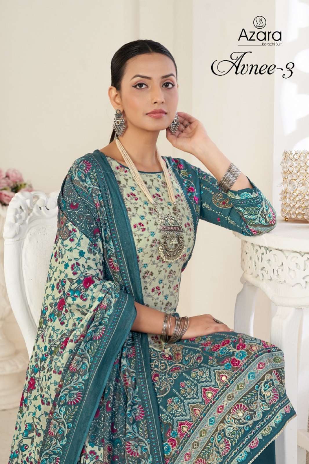 AZARA AVNEE VOL 3 PURE LAWN PRINTED HAND ZARI SUITS