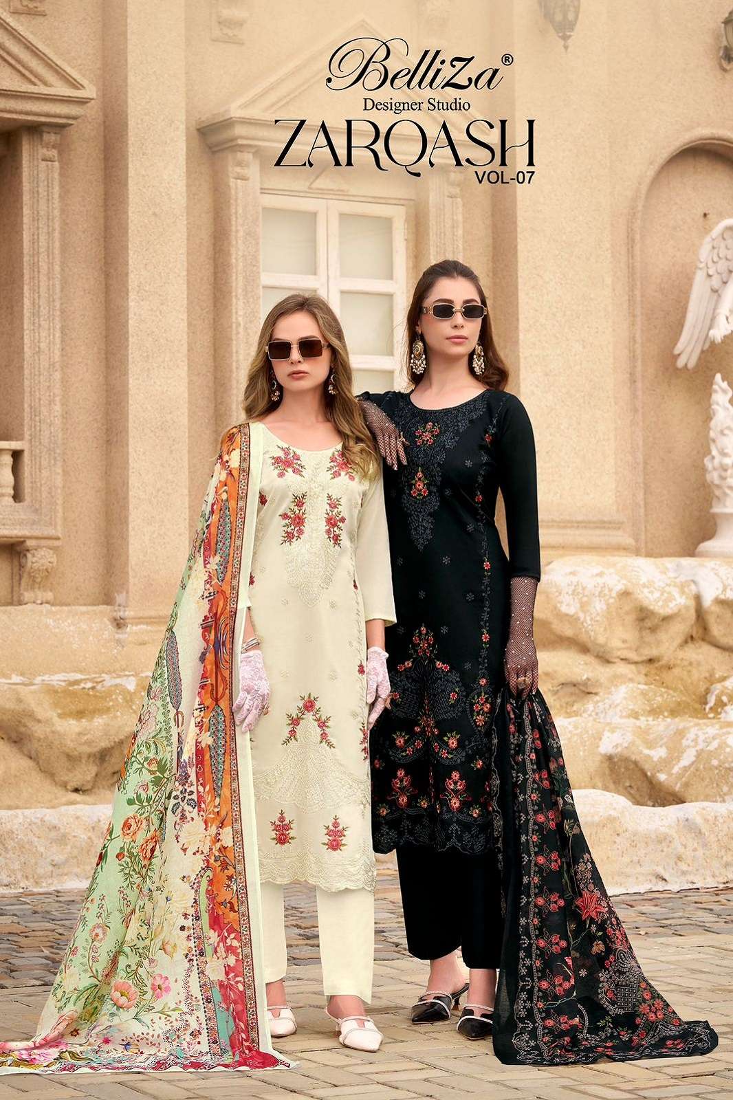 BELLIZA DESIGNER ZARQASH VOL 7 JAM EMBROIERED DRESS MATERIAL