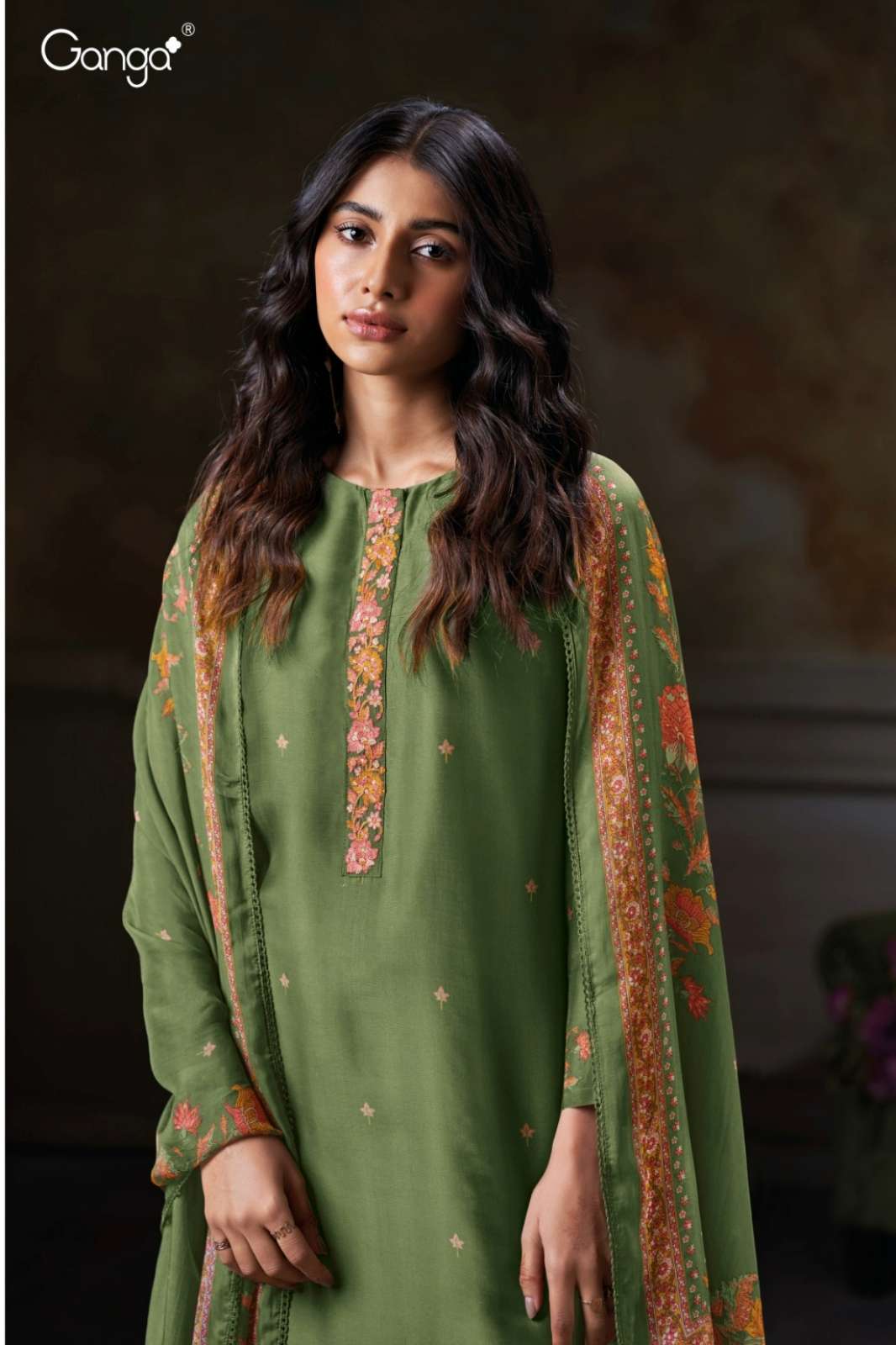 GANGA ANGIE S3746 PURE BEMBERG SILK SATIN PRINTED SUIT WITH HAND EMBROIDERY