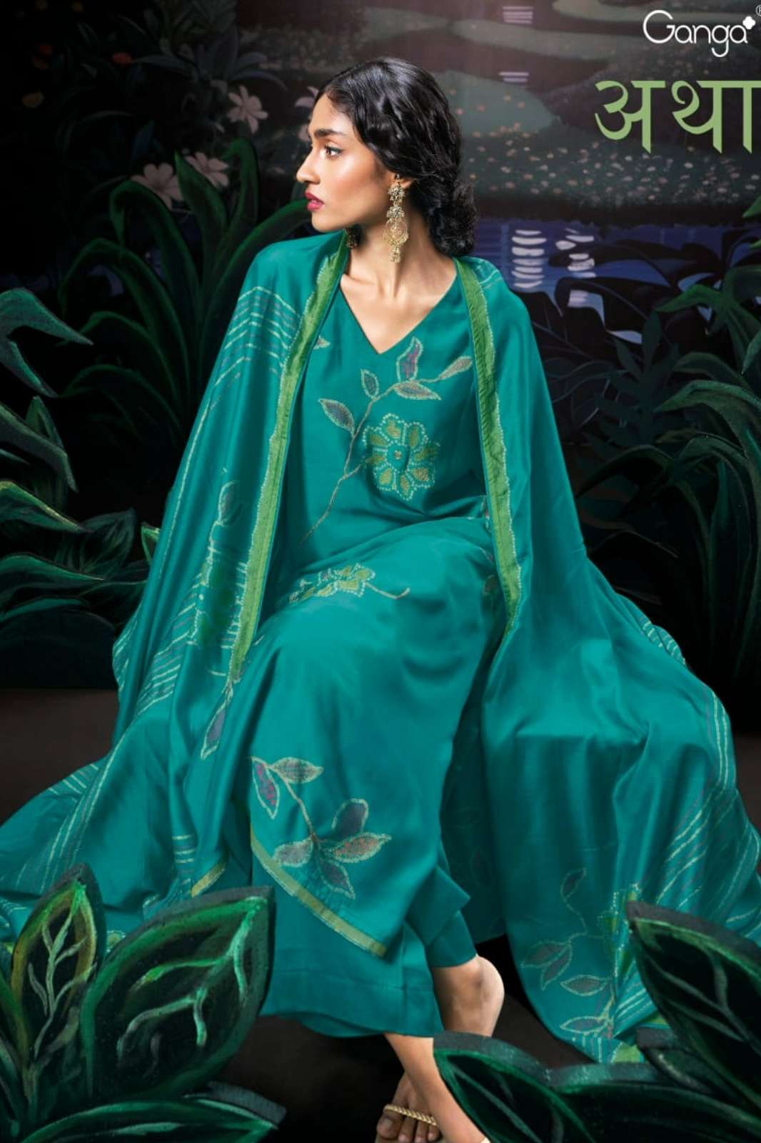 GANGA ATHA C2189 PREMIUM PURE BEMBERG SILK PRINTED SUIT WITH HAND WORK