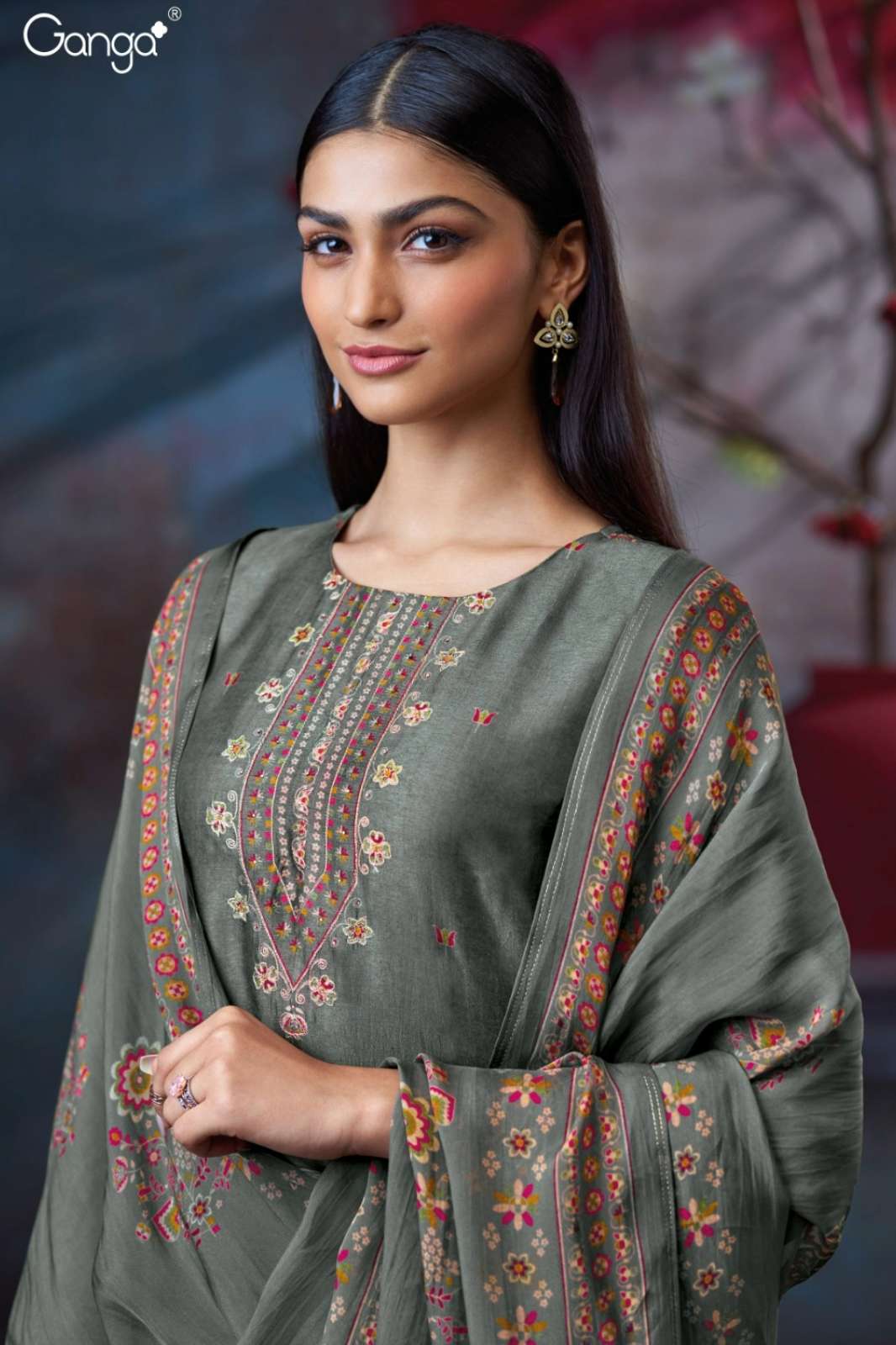GANGA AVENLY S3650 PURE BEMBERG RUSSIAN SILK SUIT WITH HAND EMBROIDERY