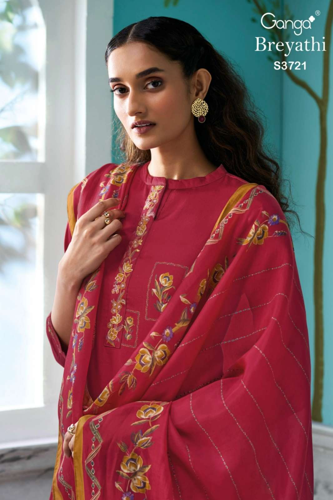 GANGA BREYATHI S3721 PREMIUM COTTON SATIN PRINTED SUIT WITH EMBROIDERY