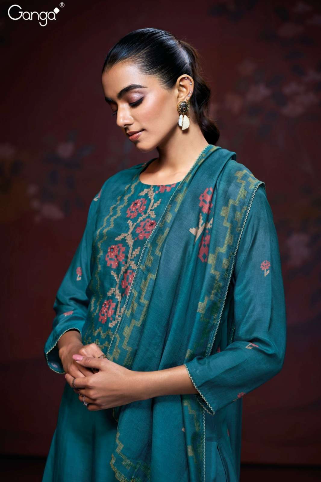 GANGA BRISHTI S3189 PURE BEMBERG SILK PRINTED SUIT WITH HAND EMBROIDERY