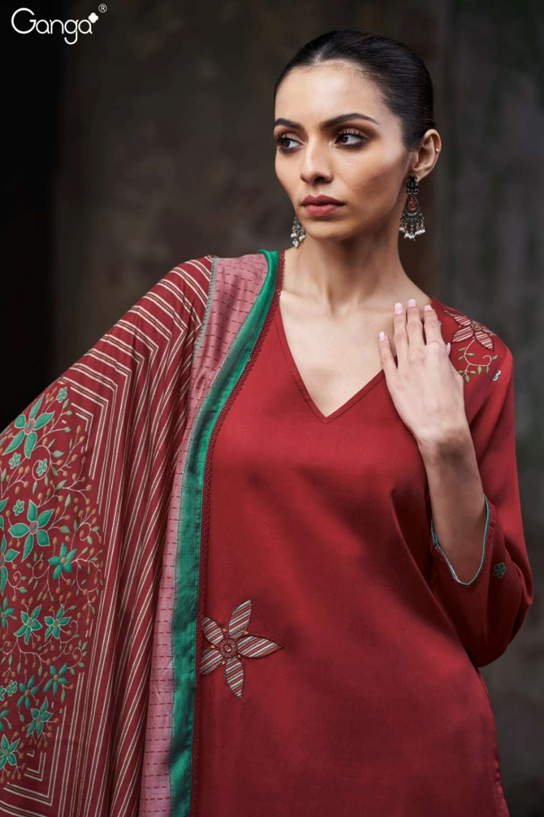 GANGA BRYSSIA S3784 PREMIUM COTTON SATIN PRINTED SUIT WITH HAND EMBROIDERY