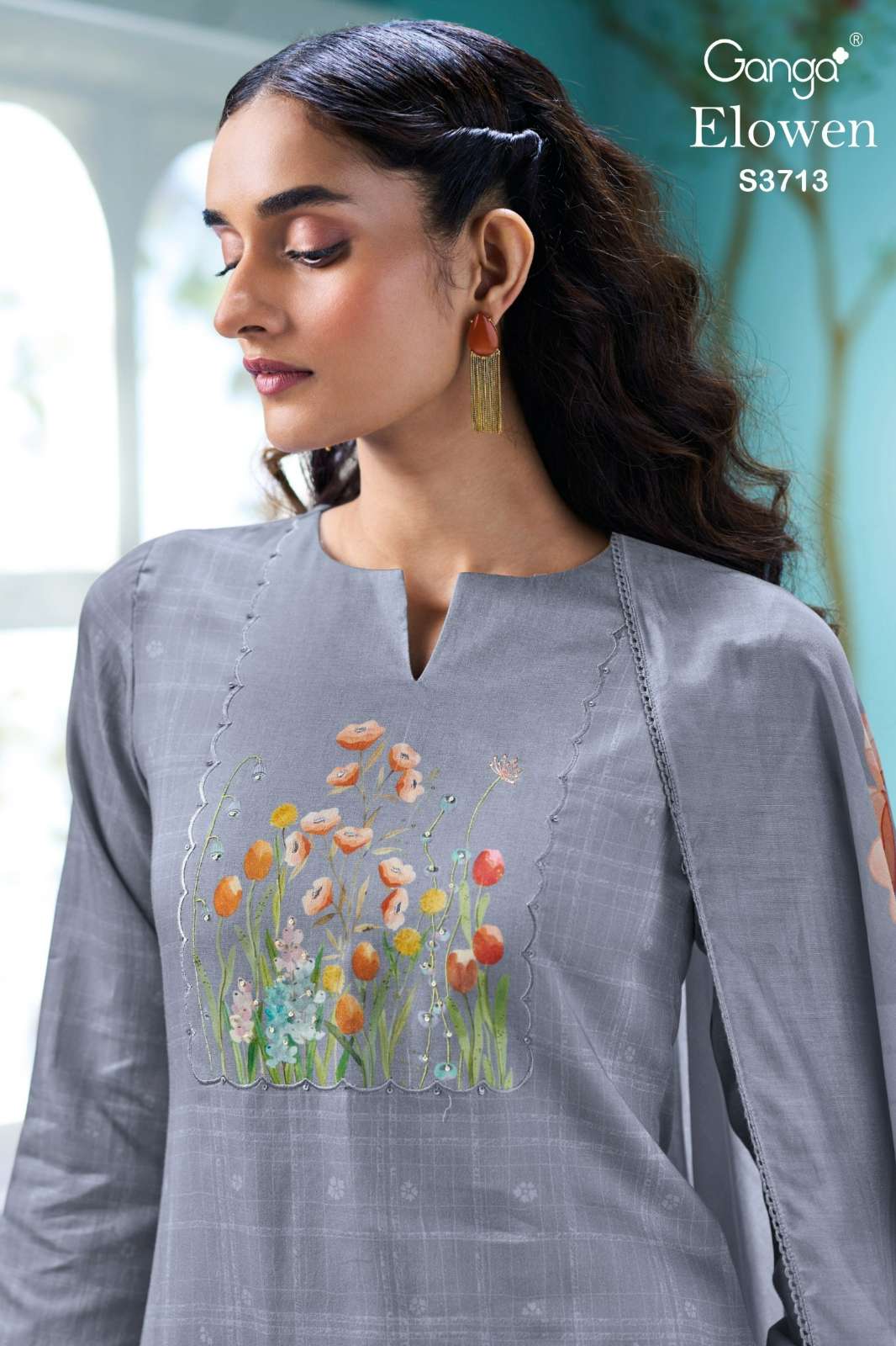 GANGA ELOWEN S3713 PREMIUM COTTON SATIN PRINTED SUIT WITH HAND EMBROIDERY