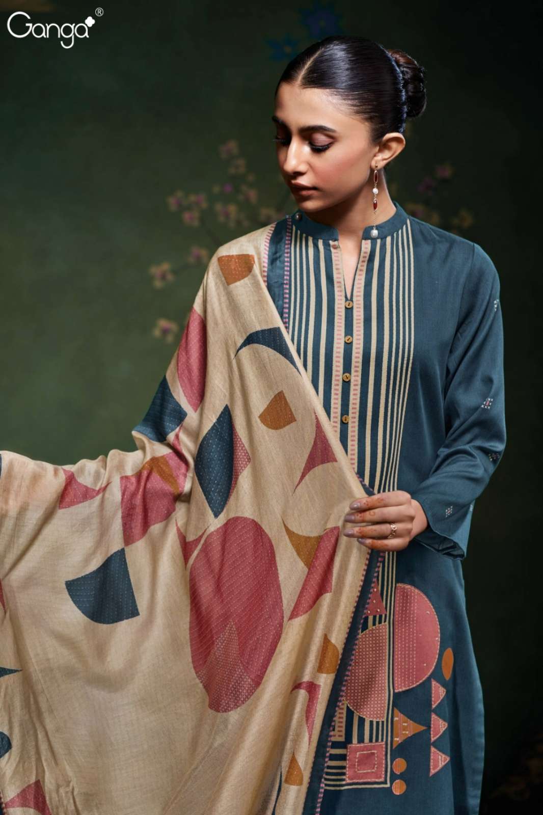 GANGA ESHLEEN S3759 PREMIUM COTTON SATIN PRINTED SUIT WITH HAND EMBROIDERY