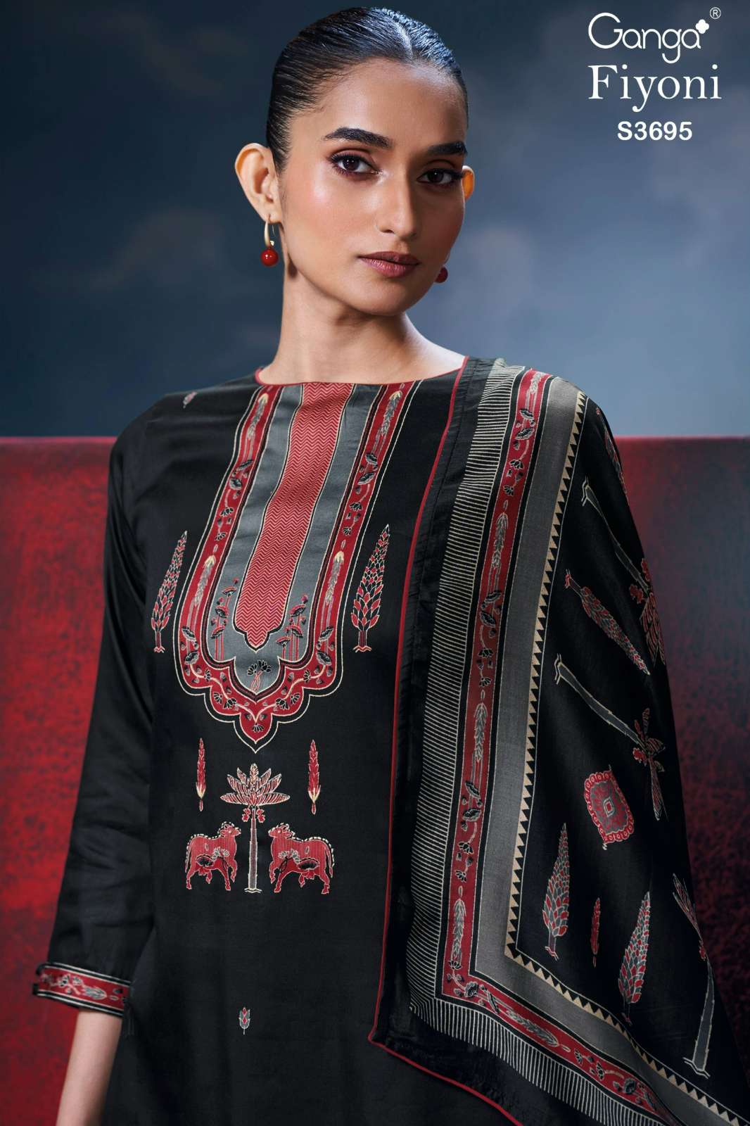 GANGA FIYONI S3695 PREMIUM COTTON SATIN PRINTED WITH SUIT HAND EMBROIDERY