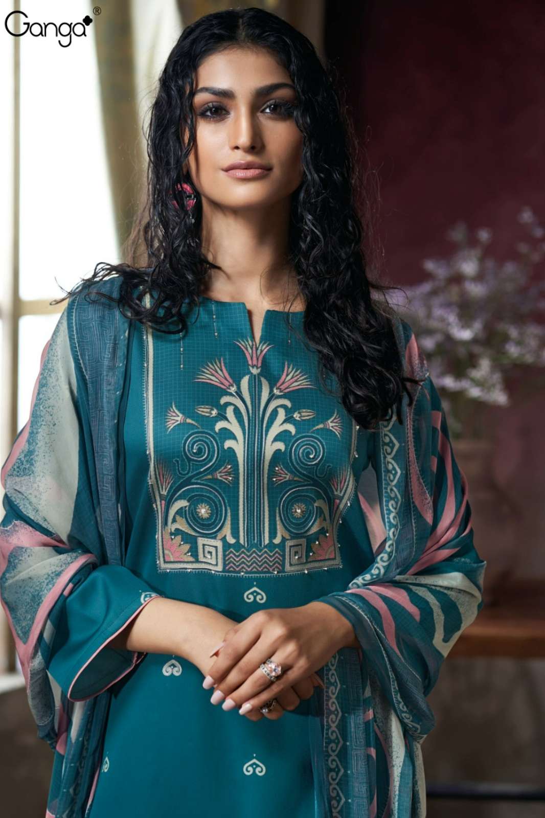 GANGA JIHANA S3727 PREMIUM COTTON SATIN PRINTED SUIT WITH HAND EMBROIDERY