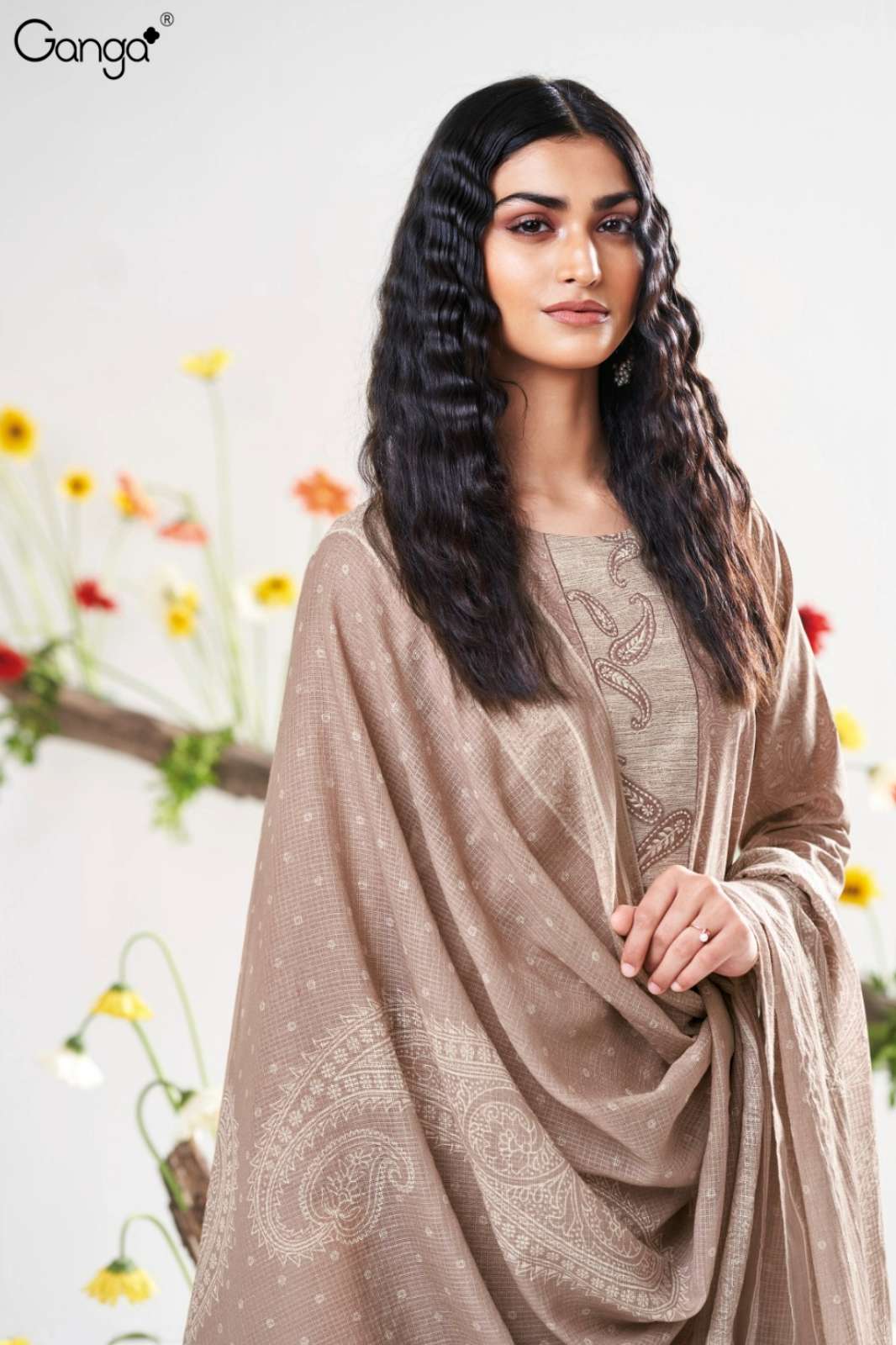 GANGA KEONA S3756 PREMIUM COTTON SATIN PRINTED SUIT WITH EMBROIDERY