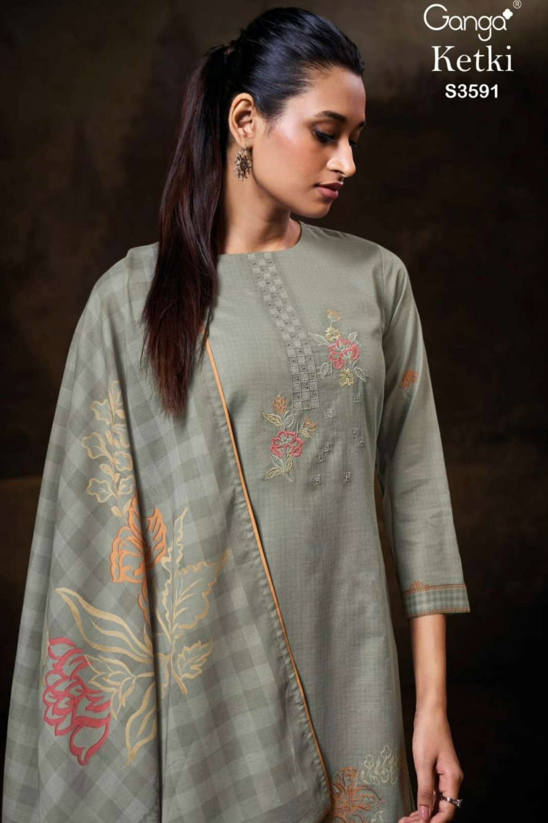 GANGA KETKI S3591 PREMIUM COTTON PRINTED SUIT WITH HAND EMBROIDERY