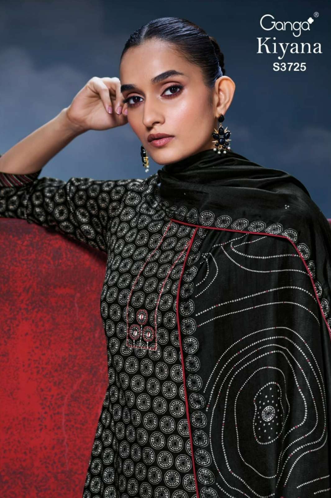 GANGA KIYANA S3725 PREMIUM COTTON SATIN BLACK PRINTED SUIT WITH EMBROIDERY