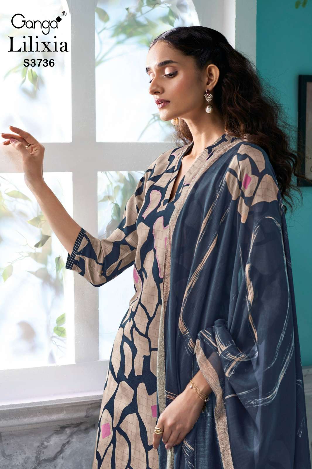 GANGA LILIXIA S3736 PREMIUM COTTON SATIN PRINTED SUIT WITH HAND EMBROIDERY