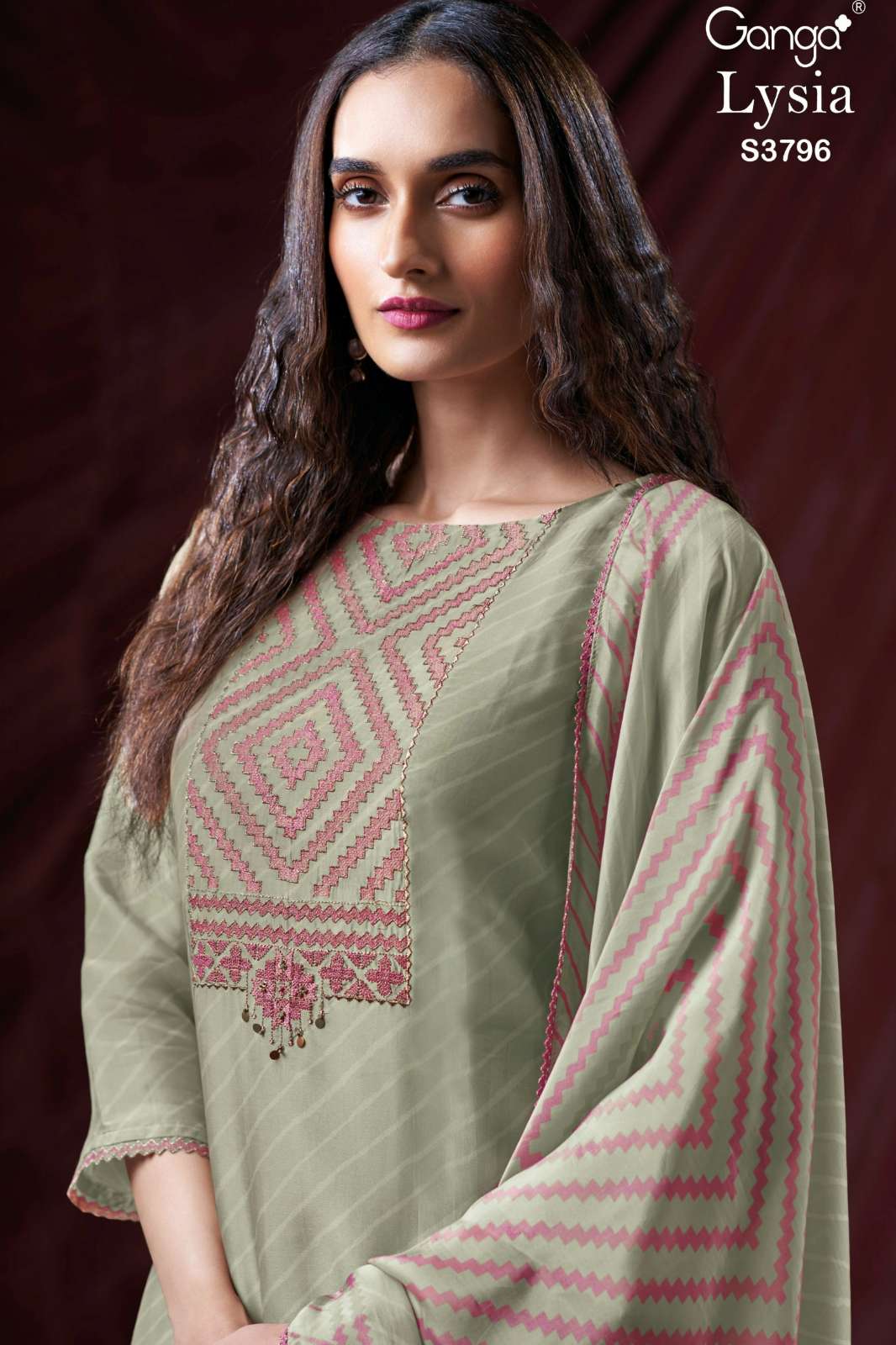 GANGA LYSIA S3796 PURE BEMBERG SILK SATIN PRINTED SUIT WITH EMBROIDERY
