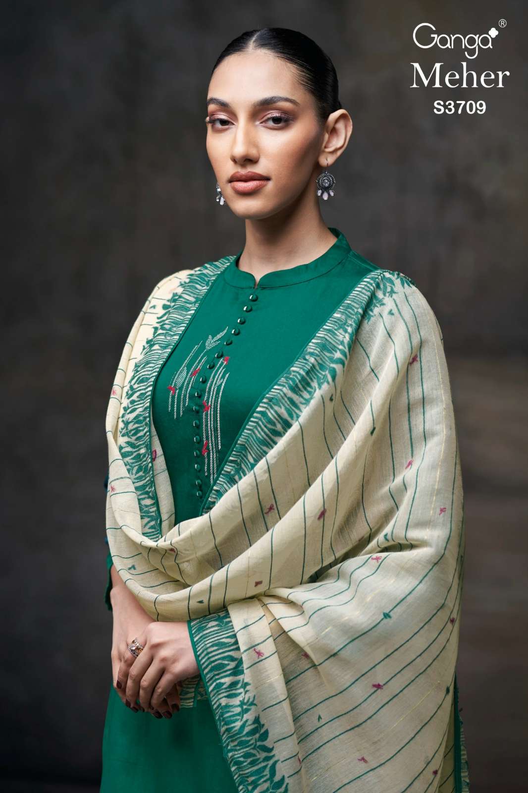 GANGA MEHER S3709 PREMIUM COTTON SATIN SOLID SUIT WITH EMBROIDERY