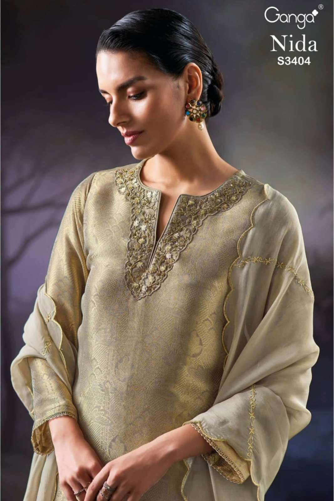 GANGA NIDA S3404 PREMIUM PURE BEMBERG SILK SUIT WITH EMBROIDERY