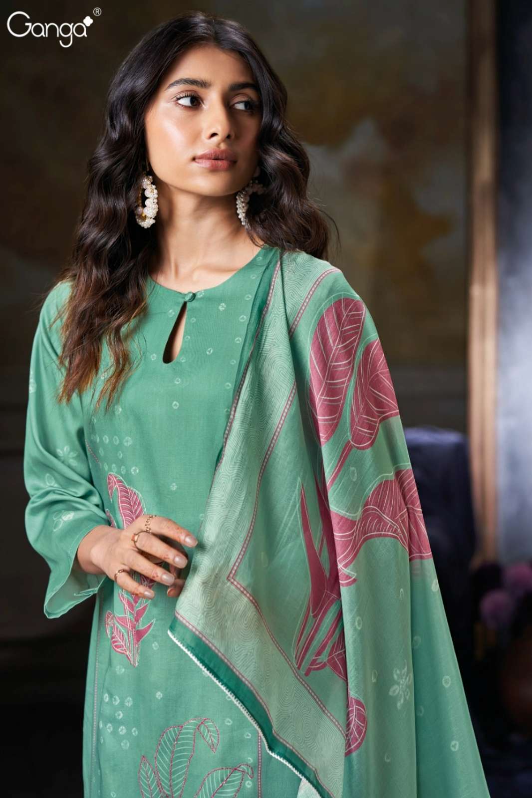 GANGA NOVARA S3750 PREMIUM COTTON SATIN PRINTED SUIT WITH HAND EMBROIDERY