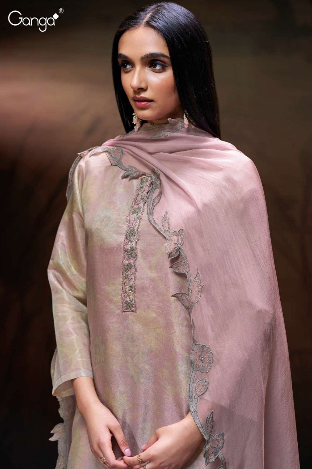 GANGA ONSA S3225 PREMIUM PURE BEMBERG SILK PRINTED SUIT WITH EMBROIDERY