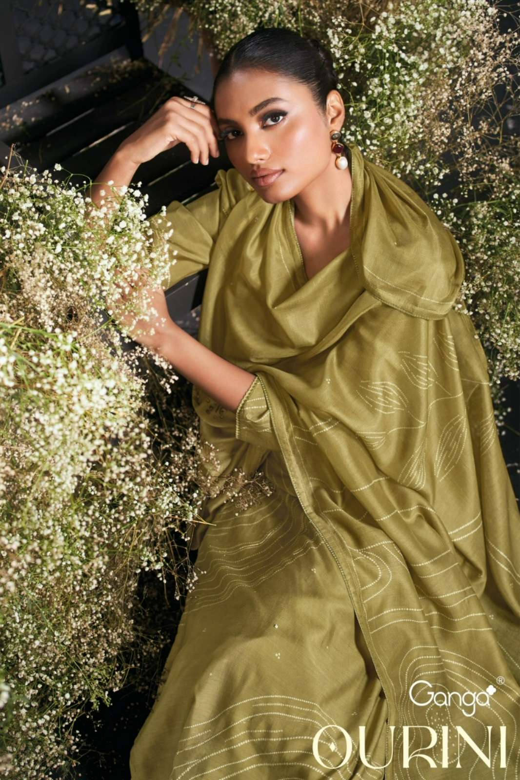 GANGA OURINI C2279 PURE BEMBERG SILK PRINTED SUIT WITH HAND EMBROIDERY