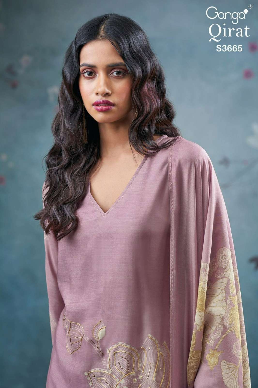 GANGA QIRAT S3665 PREMIUM PURE BEMBERG SILK PRINTED SUIT WITH HAND WORK