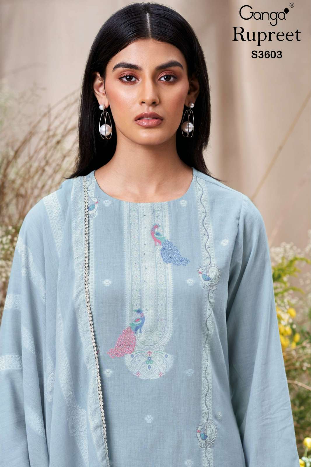 GANGA RUPREET S3603 PREMIUM COTTON MUL JACQUARD SUIT WITH HAND EMBROIDERY