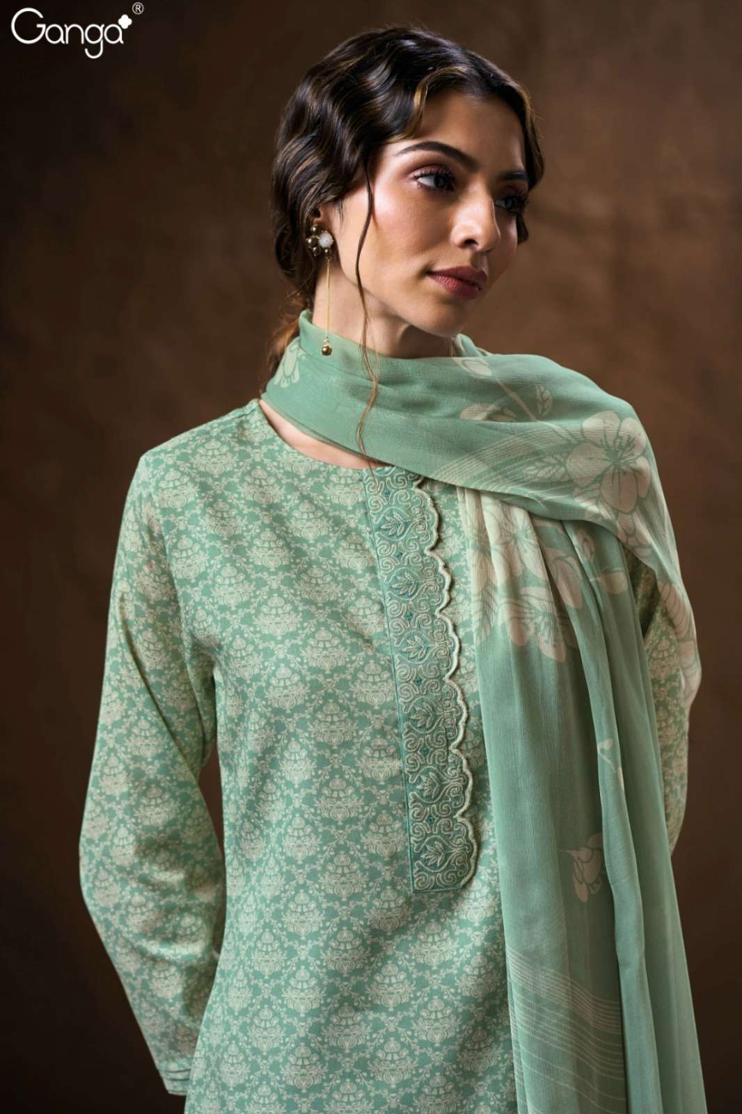 GANGA SABA S3763 PREMIUM COTTON SATIN PRINTED SUIT WITH EMBROIDERY