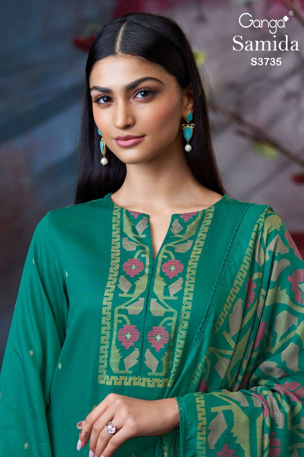 GANGA SAMIDA S3735 PREMIUM COTTON SATIN PRINTED SUIT WITH HAND EMBROIDERY