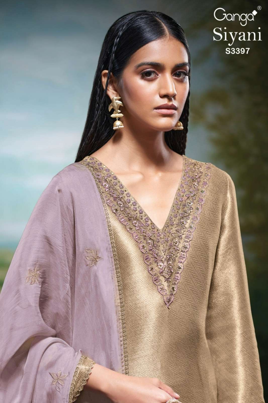 GANGA SIYANI S3397 PREMIUM PURE BEMBERG SLIK JACQUARD SUIT WITH EMBROIDERY