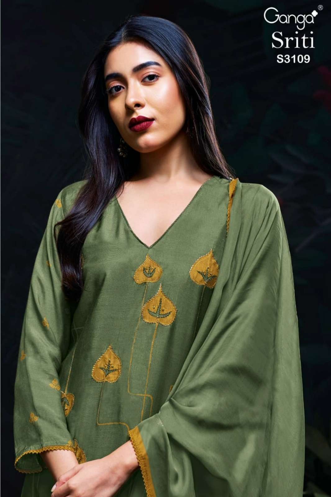 GANGA SRITI S3109 PURE BEMBERG SILK PRINTED SUIT WITH HAND EMBROIDERY