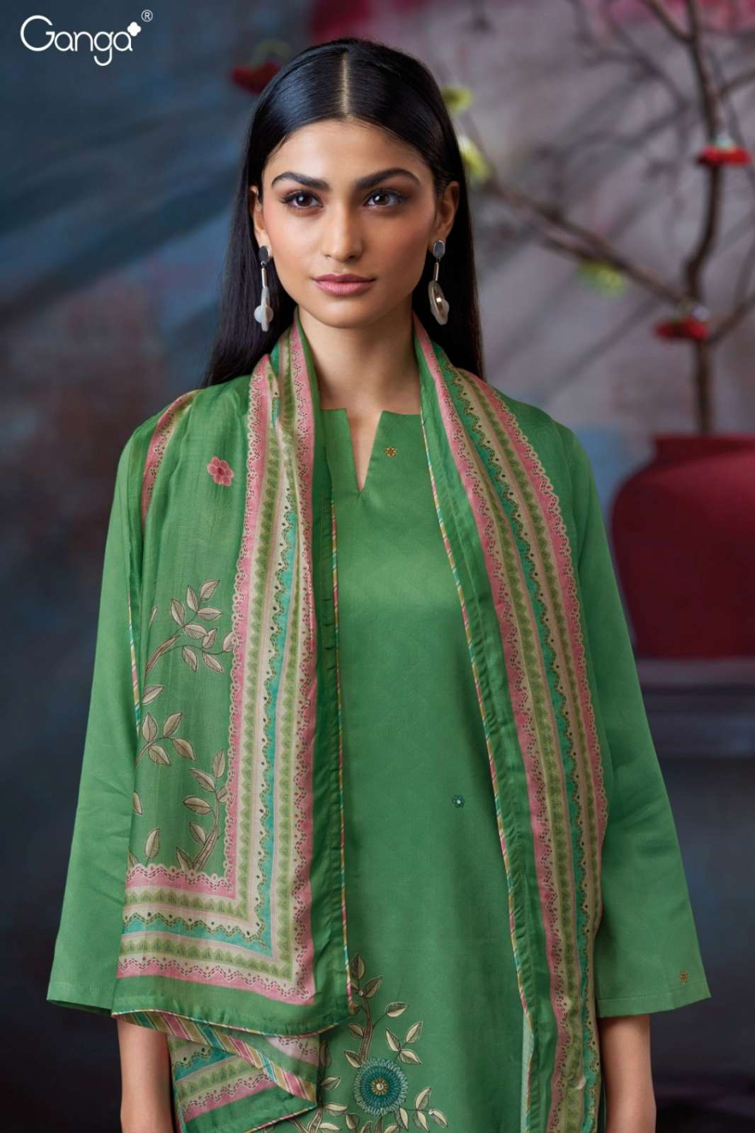 GANGA SWAALINA S3722 PREMIUM COTTON SATIN PRINTED SUIT WITH HAND EMBROIDERY