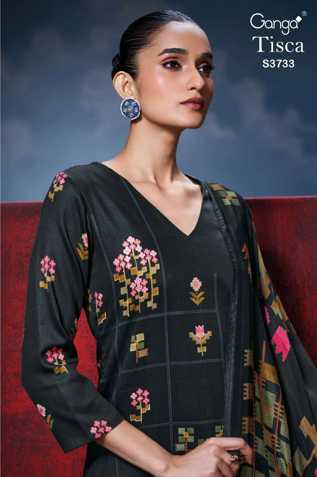 GANGA TISCA S3733 PREMIUM COTTON SATIN PRINTED SUIT WITH HAND EMBROIDERY