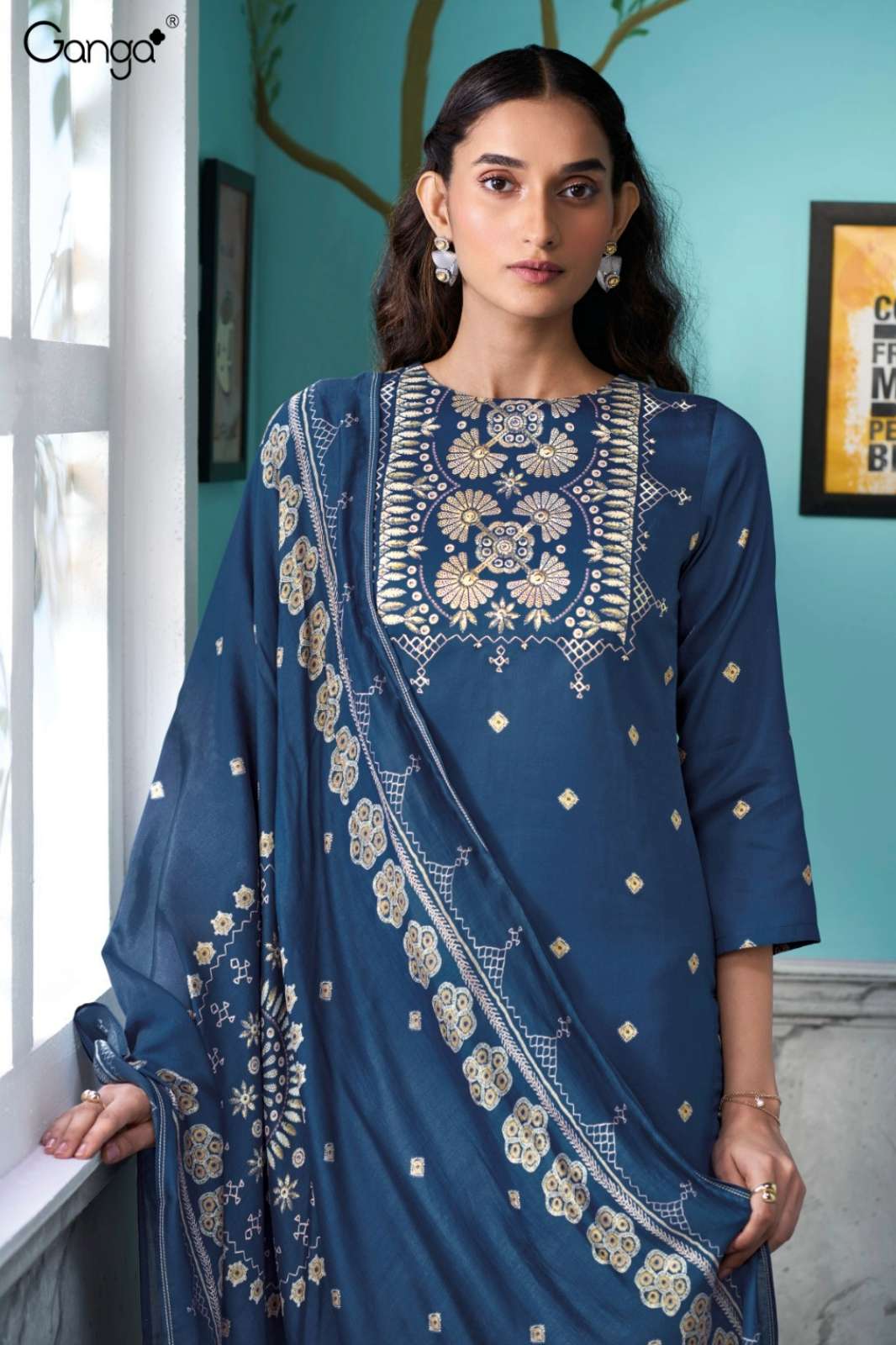 GANGA VIOLETTA S3723 PREMIUM COTTON SATIN PRINTED SUIT WITH HAND EMBROIDERY